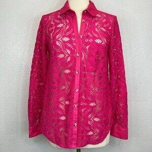 Anthropologie Maeve Pink Open Lace Button Down Shirt  Size 8